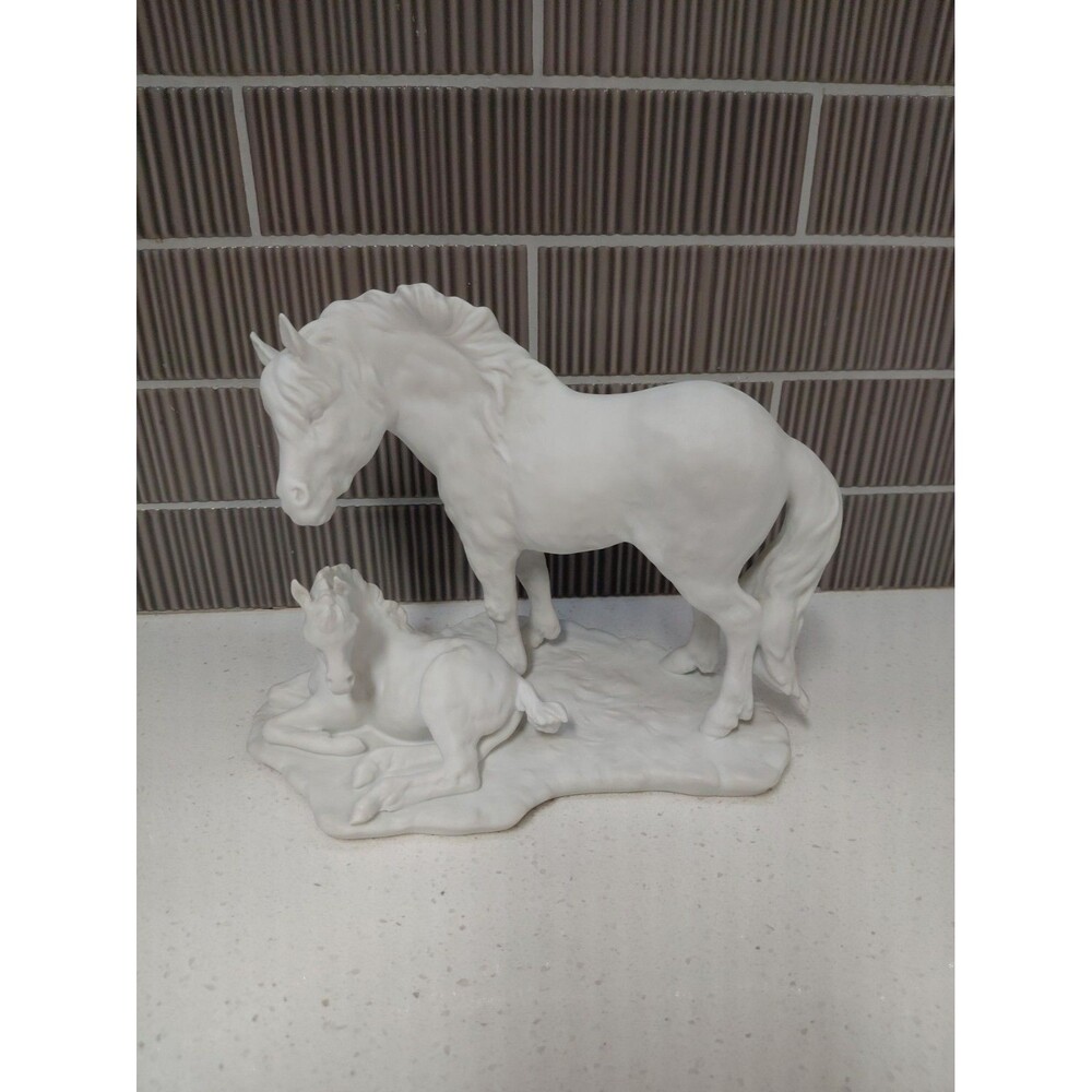 White Mare & Foal Statuette VTG Kaiser Ltd. Edition Porcelain Germany Bisque